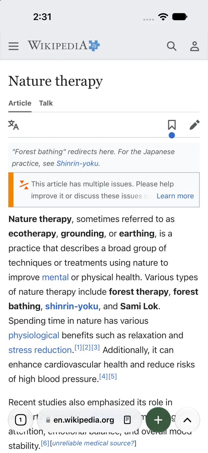 Dapple showing a Wikipedia article with its toolbar at the bottom