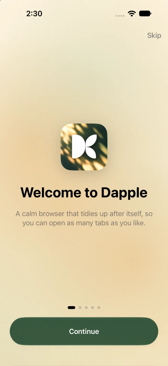 Dapple’s welcome screen: a calm browser that tidies up after itself